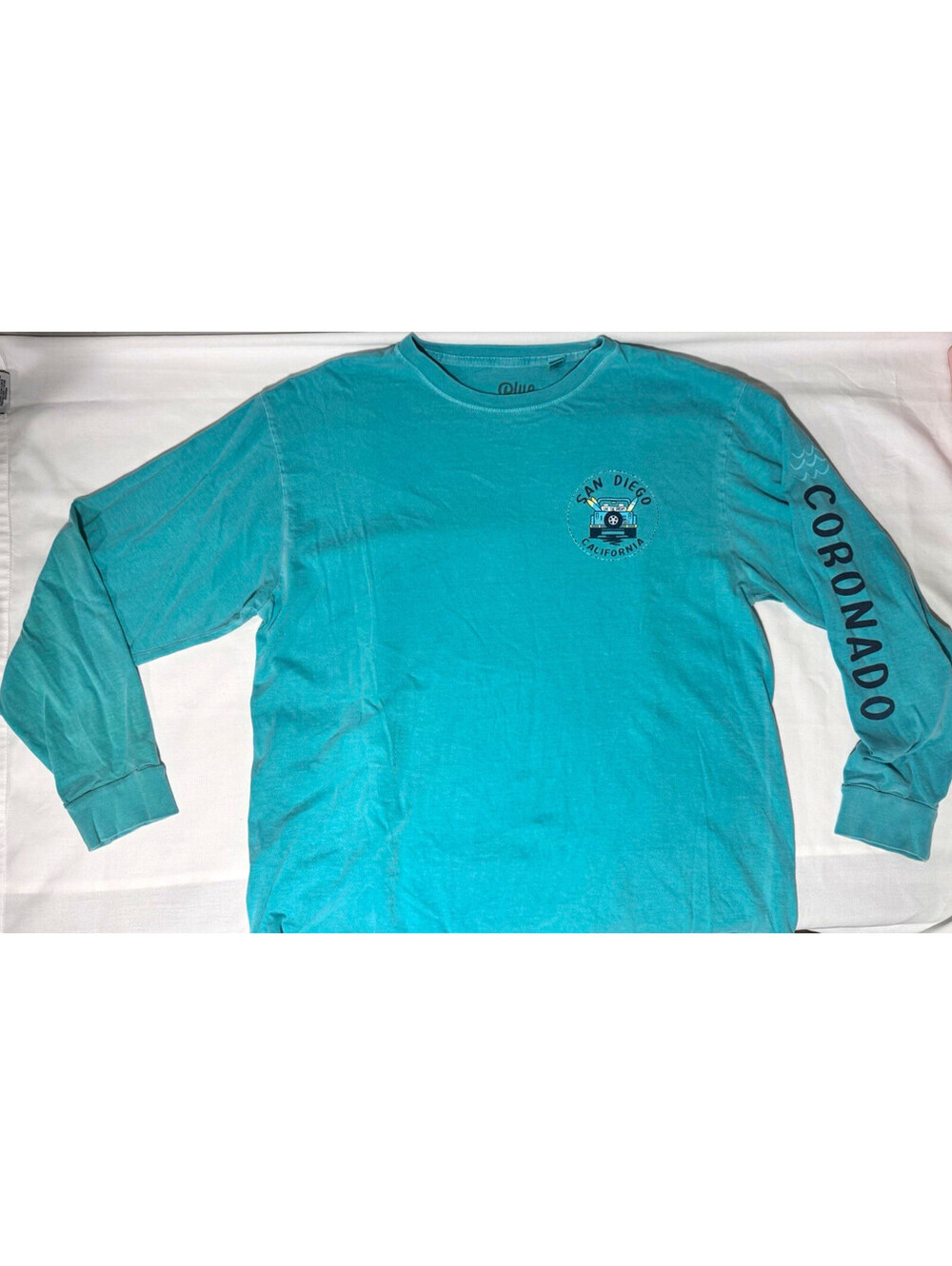 Blue 84 Coronado California Beach Surf Graphic Tee Teal Blue Long Sleeve Size L
